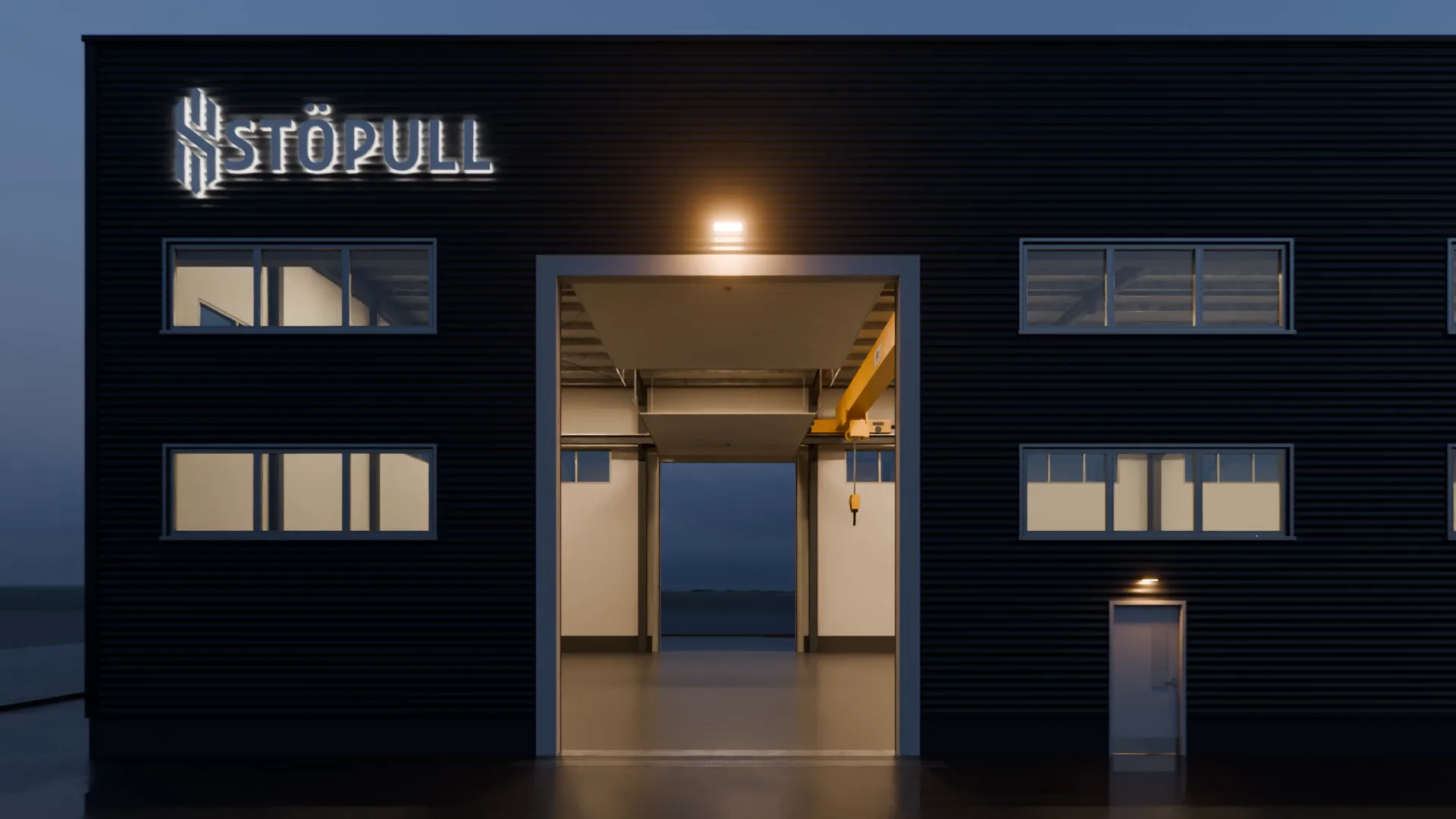 Tölvugert myndskeið: ekið að húsinu í ljósaskiptunum, inn um opna innkeyrsluhurð, beint í gegn og út hinum megin